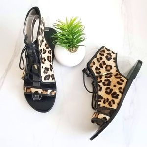 REVOLVE URGE Womens Lace Up Sandals Leopard Print Brown Black Flats Open Toe